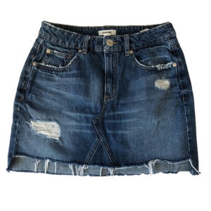 Garage Dark Wash Distressed Denim Blue Jean Mini Skirt Size Small Petite Raw Hem